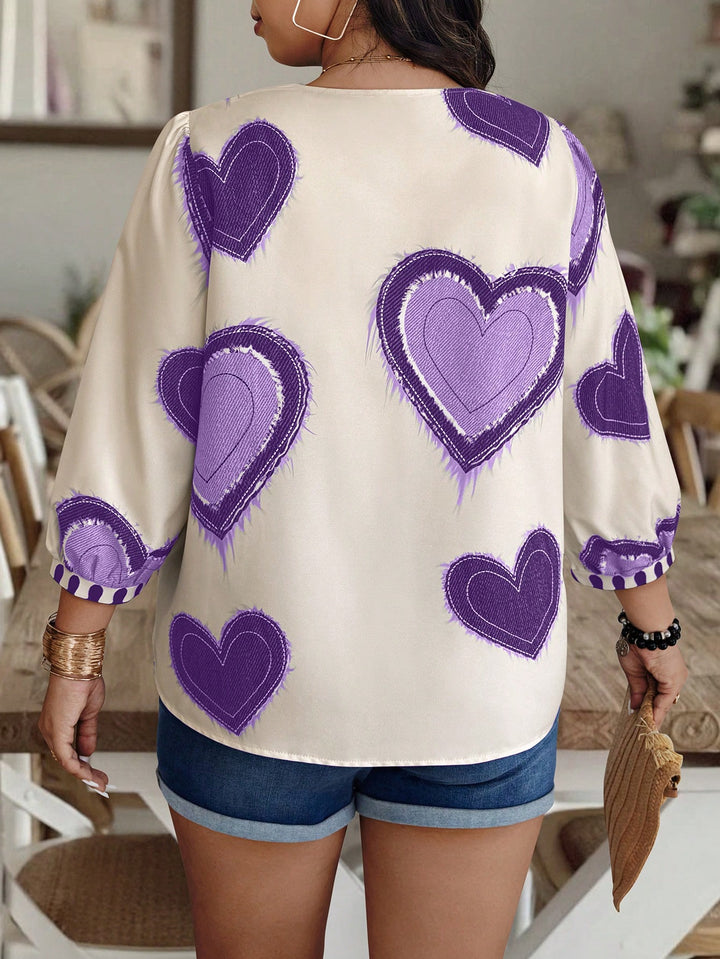 Denim Blue Love Printed V-Neck Puff Sleeve Top