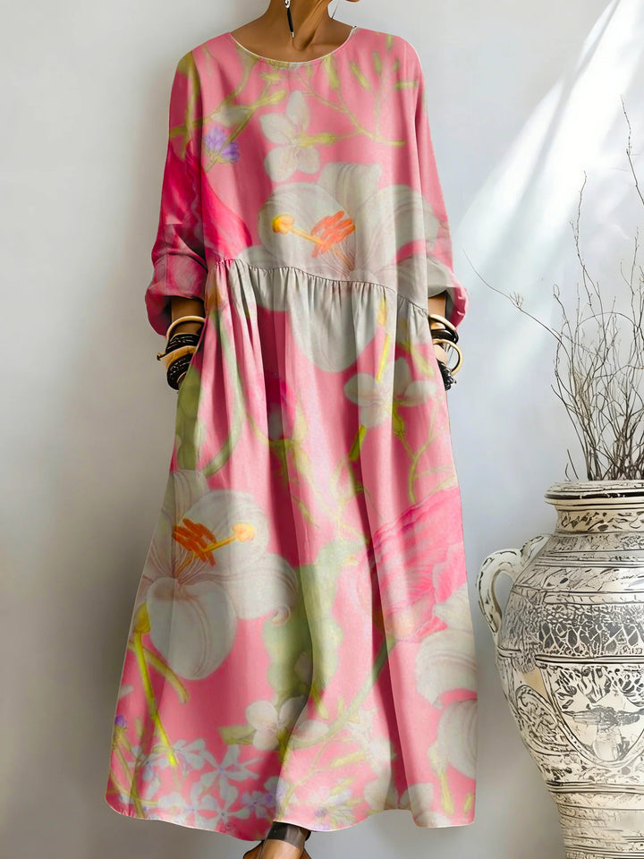 Women's Pink Lily Print Pocket Dress