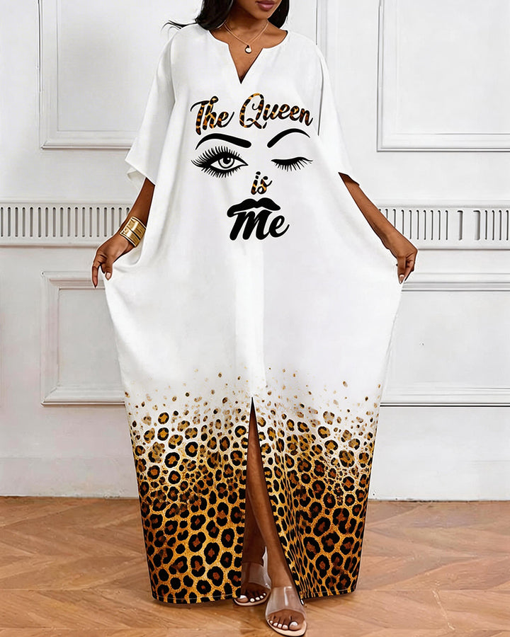 Leopard-Print Gradient Queen Letter-Print V-Neck Elegant Dress