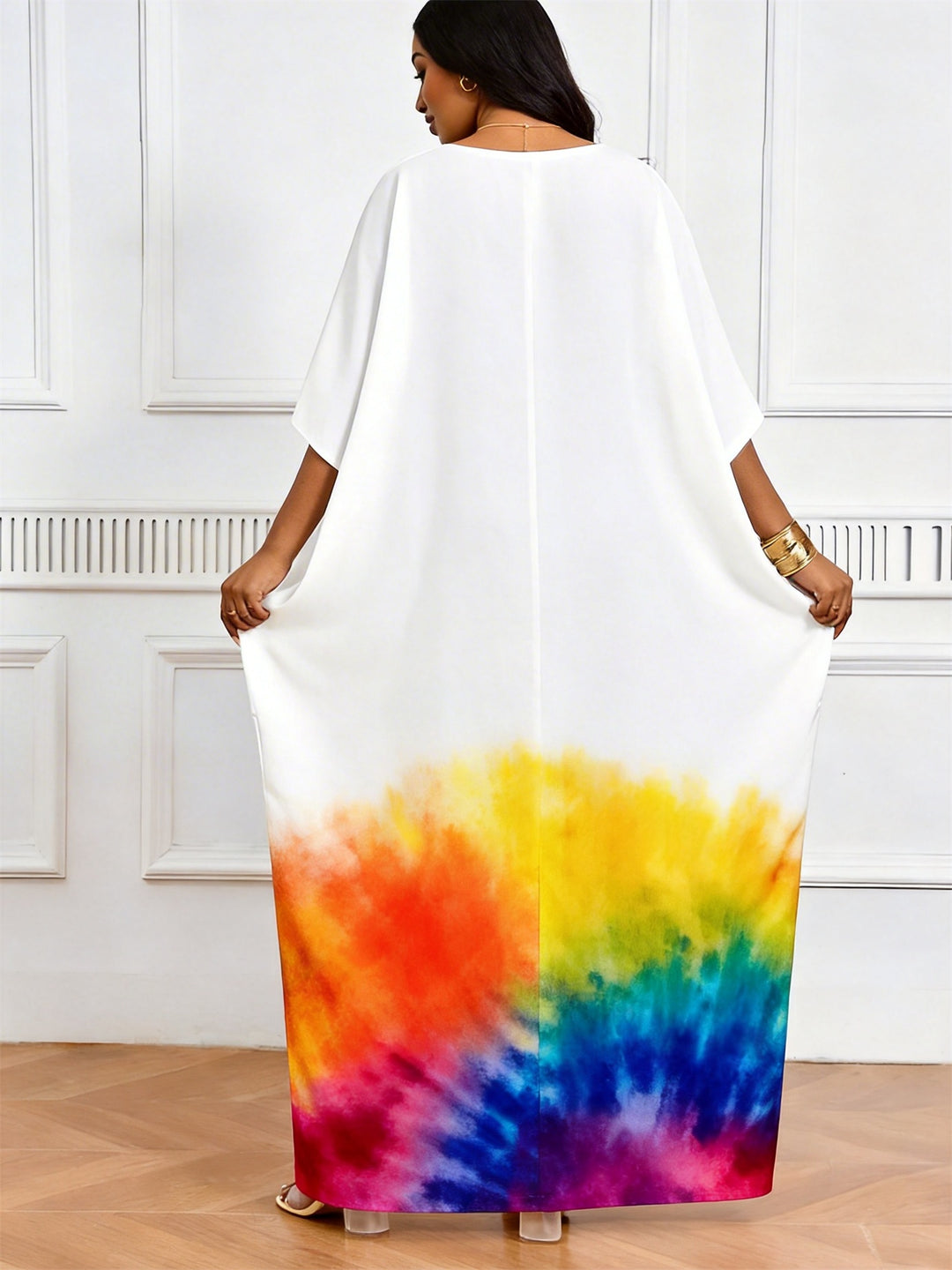 Capricorn Symbol Rainbow Tie-Dye Print V-Neck Elegant Dress