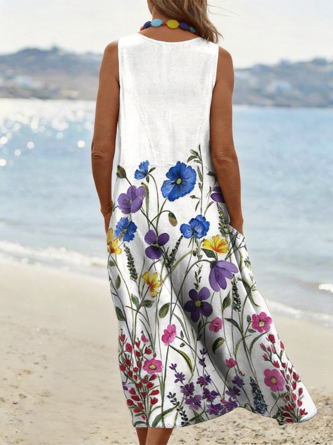 Floral Watercolor Print Pocket Crewneck Vest Dress