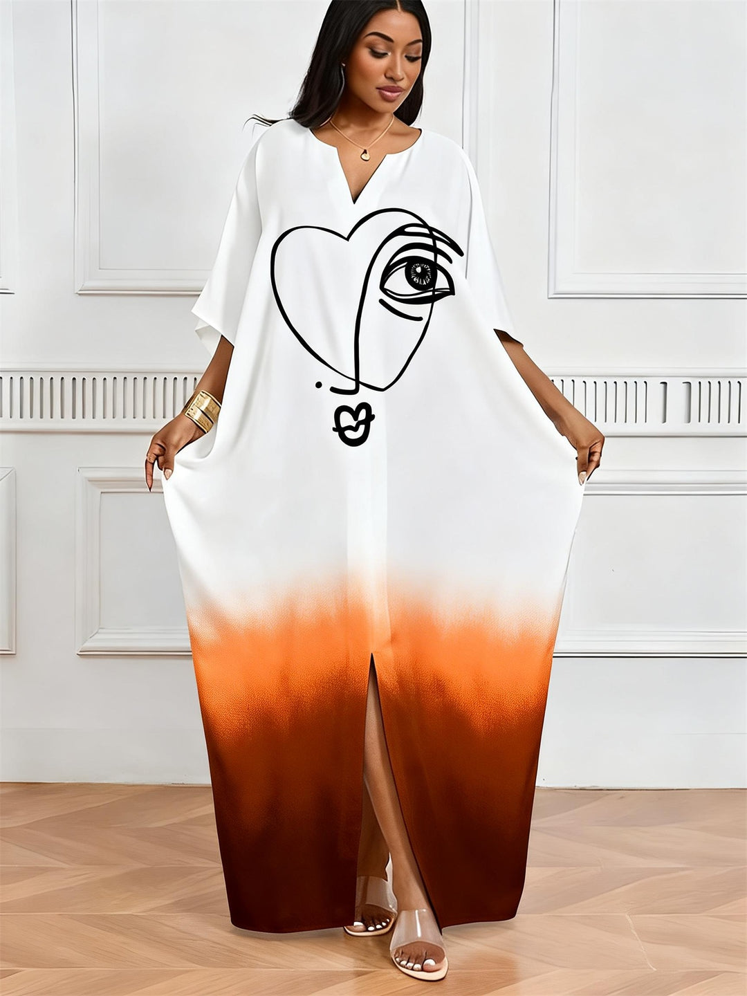 Orange White Gradient Love Face Print V-Neck Elegant Dress