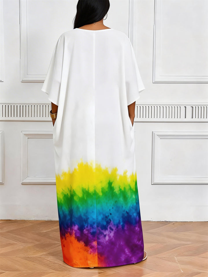 Sagittarius Symbol Rainbow Tie-Dye V-Neck Elegant Dress