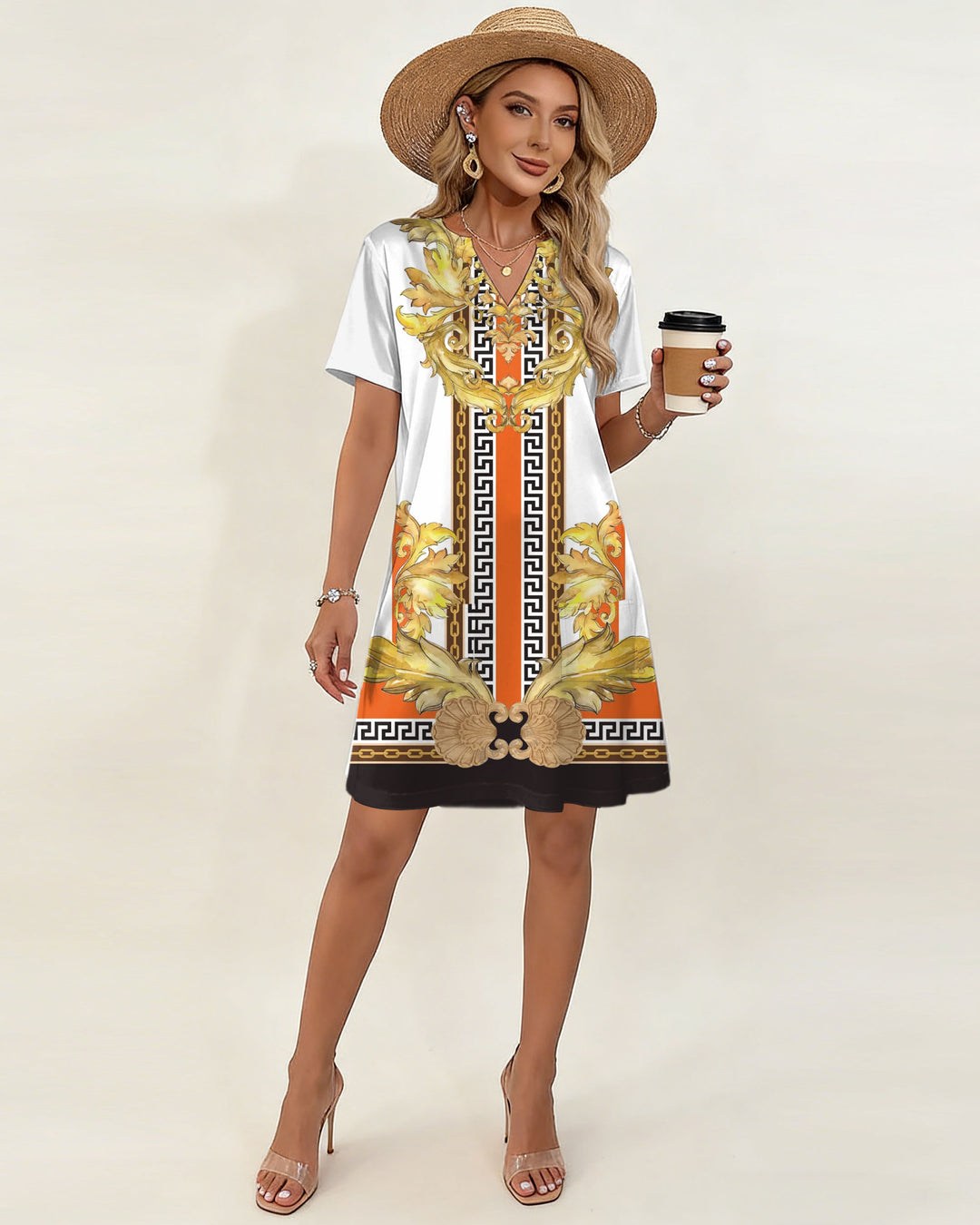 Baroque Luxury Print Small V-Neck Double Pocket Dress