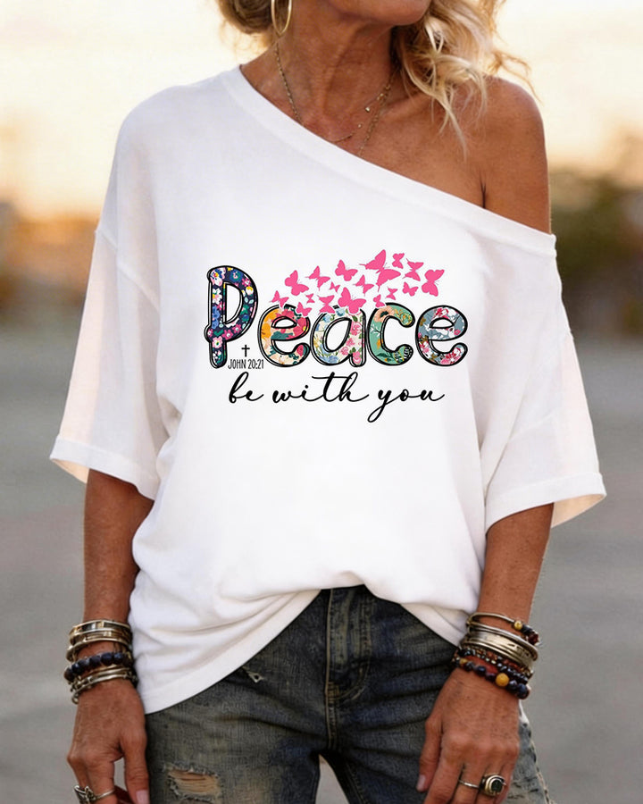 Peace Be With You Floral Butterfly Religious Scripture Print Slant Shoulder Off-the-shoulder T-shirt
