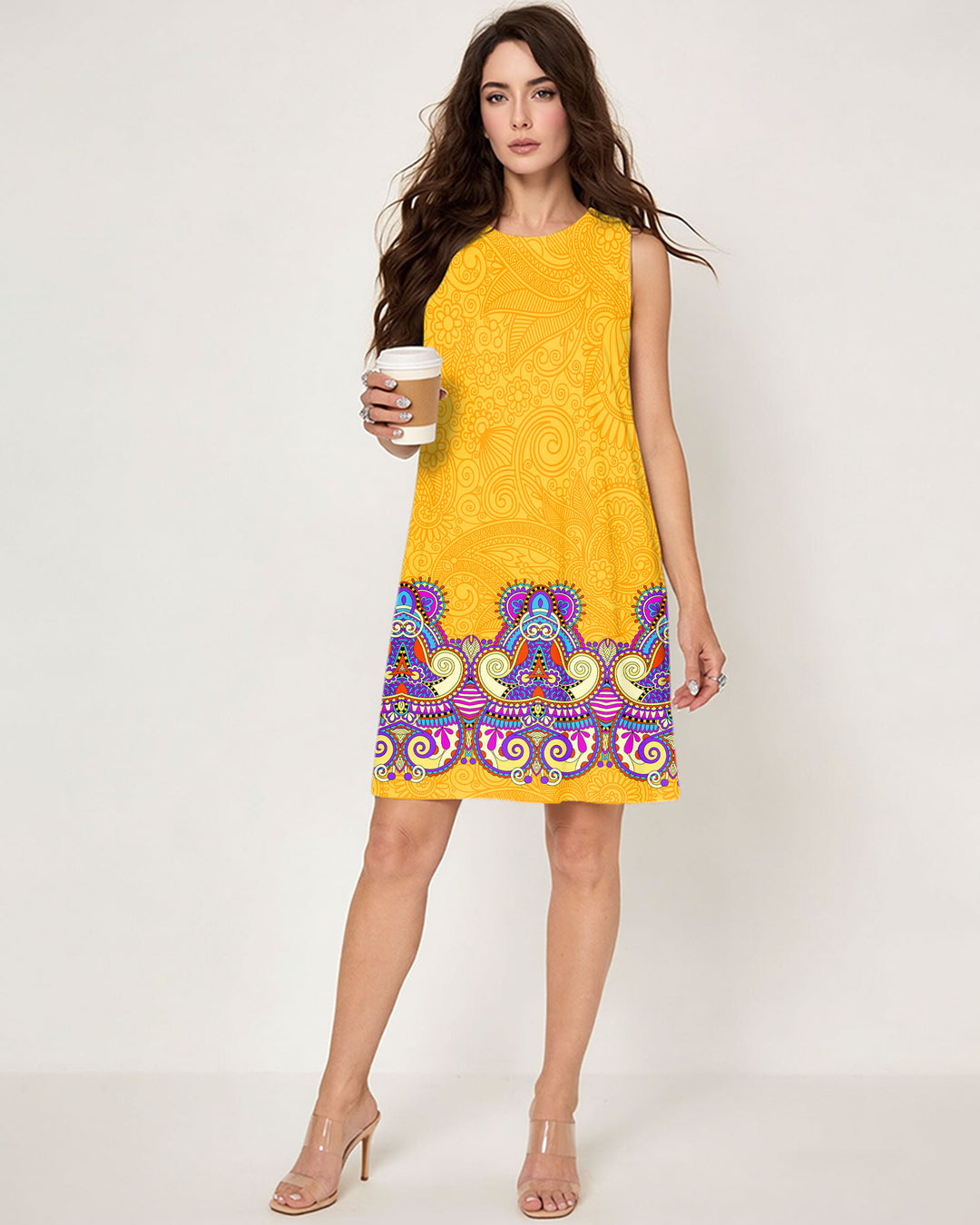 Elegant Sleeveless Yellow Jacquard Print Dress