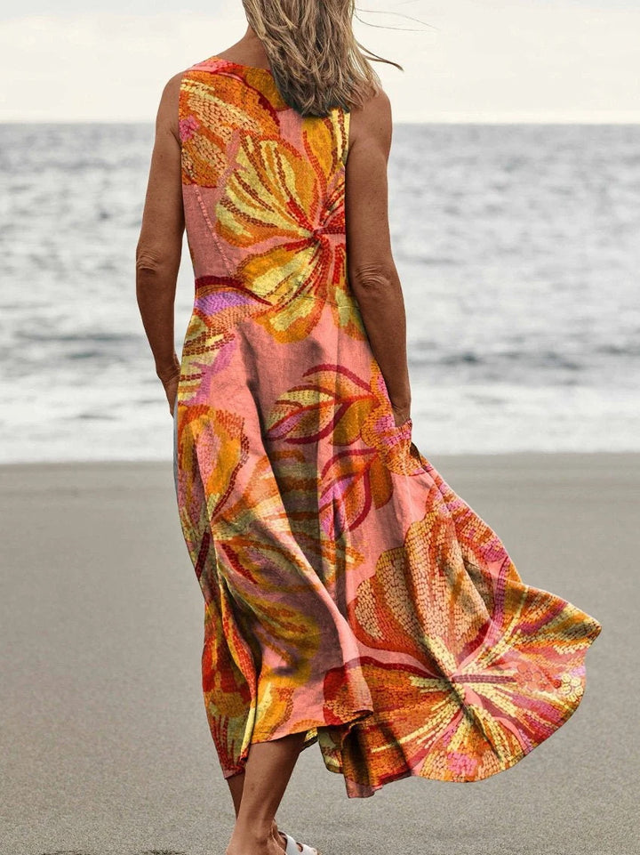 Large Flower Peony Print Pocket Crewneck Vest Dress