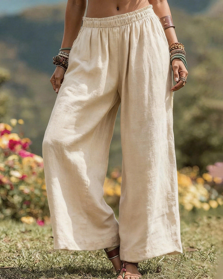 Solid Color Side Bag Elastic Waist Cotton Linen Wide Leg Pants