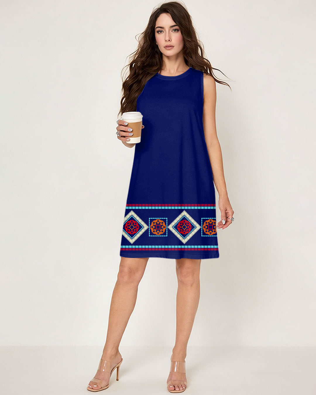 Simple Skirt Printed Sleeveless Dress Blue