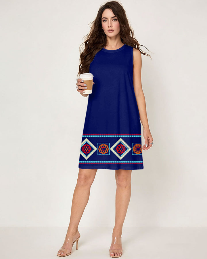 Simple Skirt Printed Sleeveless Dress Blue