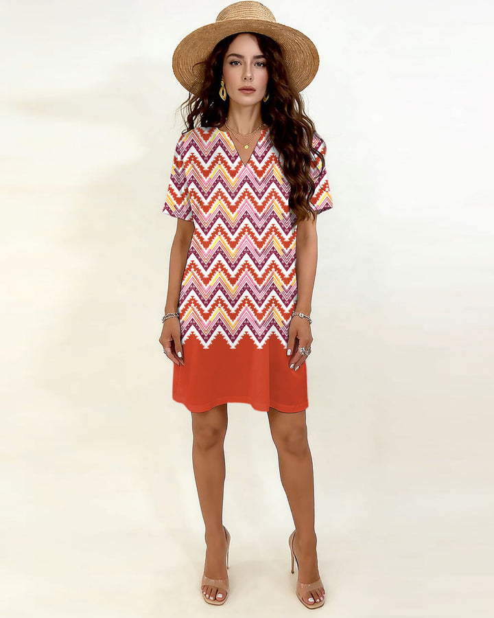 Geometric Loop Pattern Position Print Small V-Neck Dress