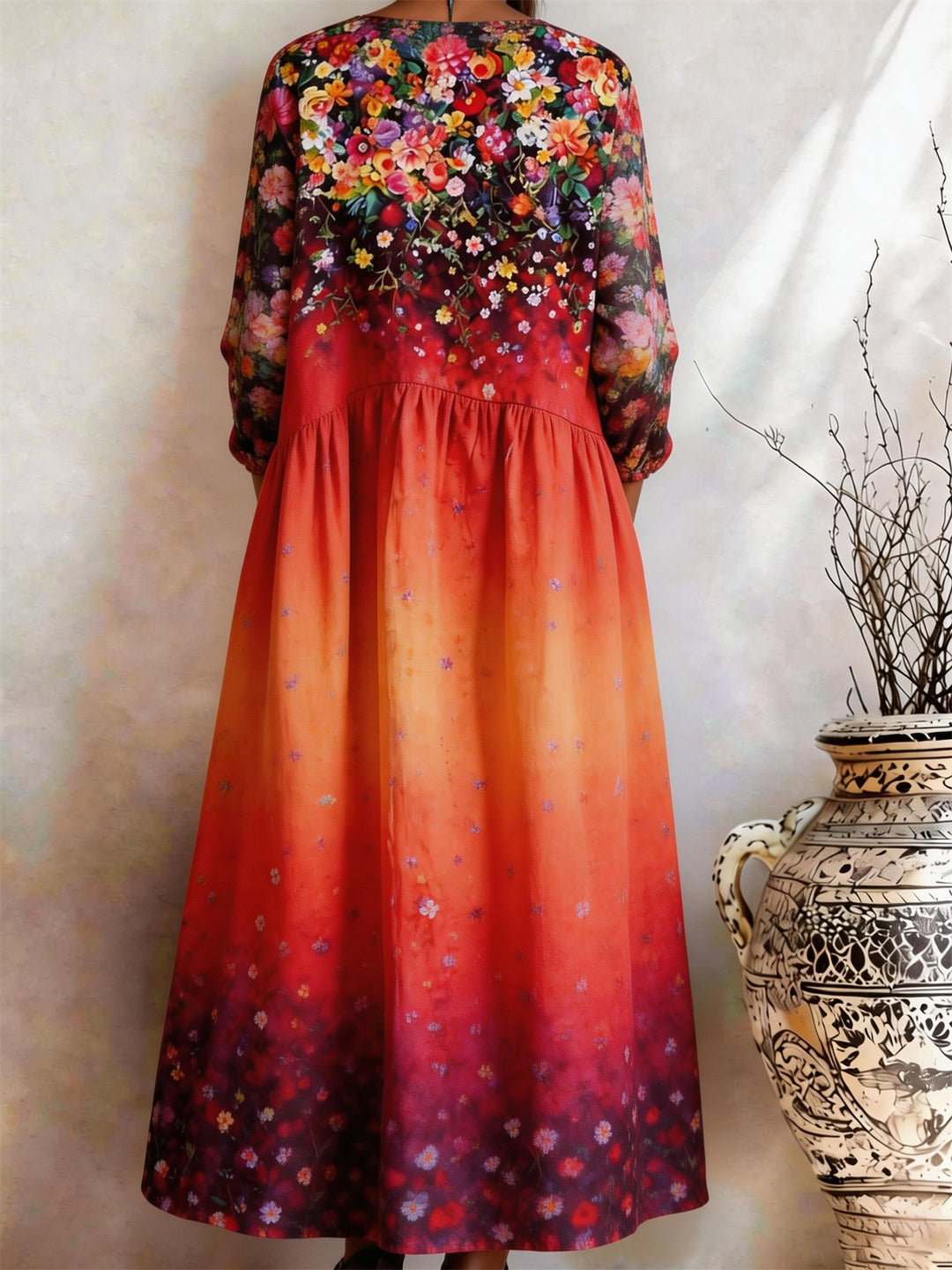 Red And Orange Gradient Floral Star Print Pocket Dress