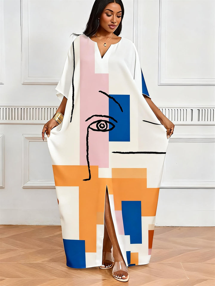 Geometric Color Block Picasso Face Print V-Neck Elegant Dress