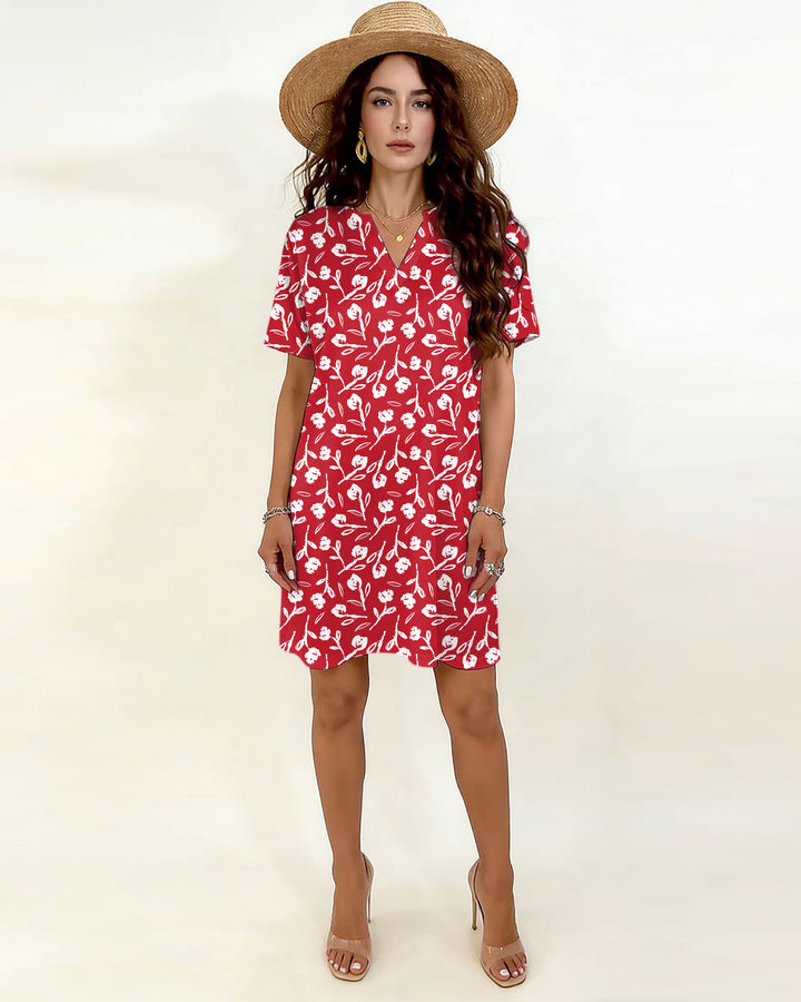 Red Floral Style V-Neck Dress