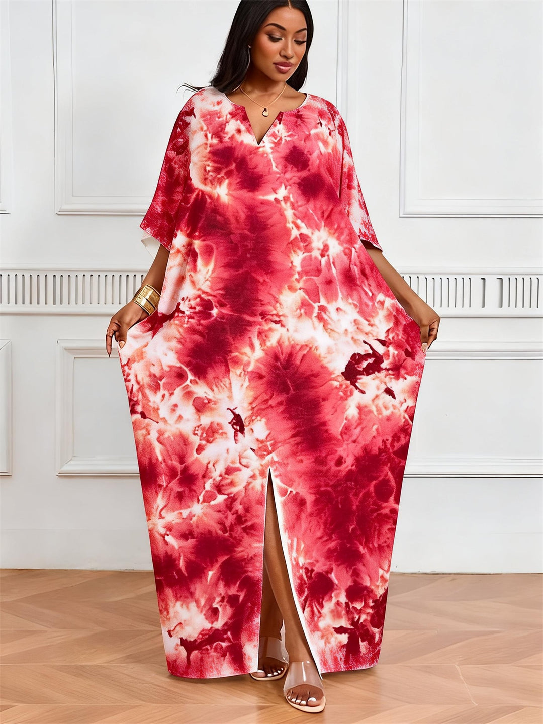 Red And White Halo Tie-Dye Printed V-Neck Elegant Dress