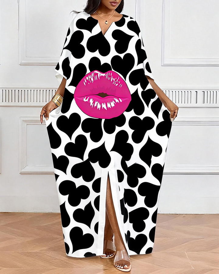 Black And White Love Red Lip Print V-Neck Elegant Dress