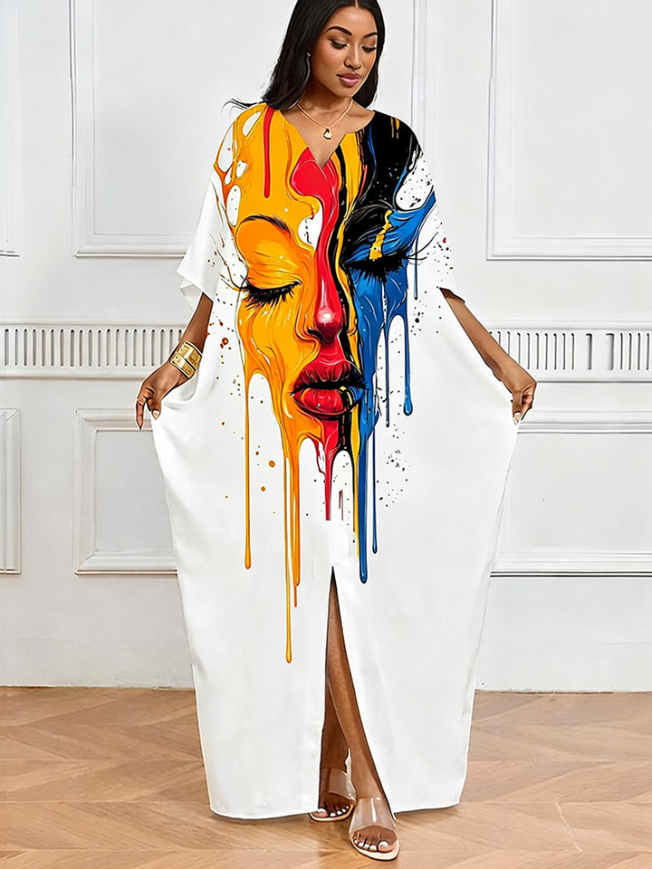Artistic Splash Ink Face V-Neck Casual Elegant Dress