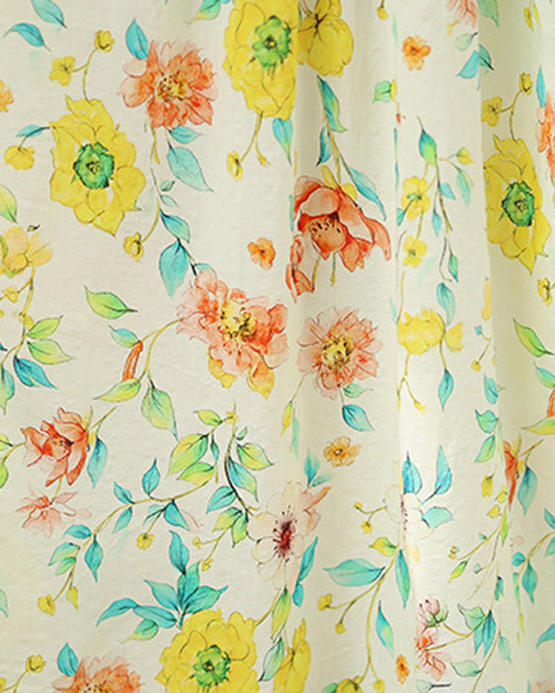 Fresh Watercolor Floral Cotton Linen Loose Dress