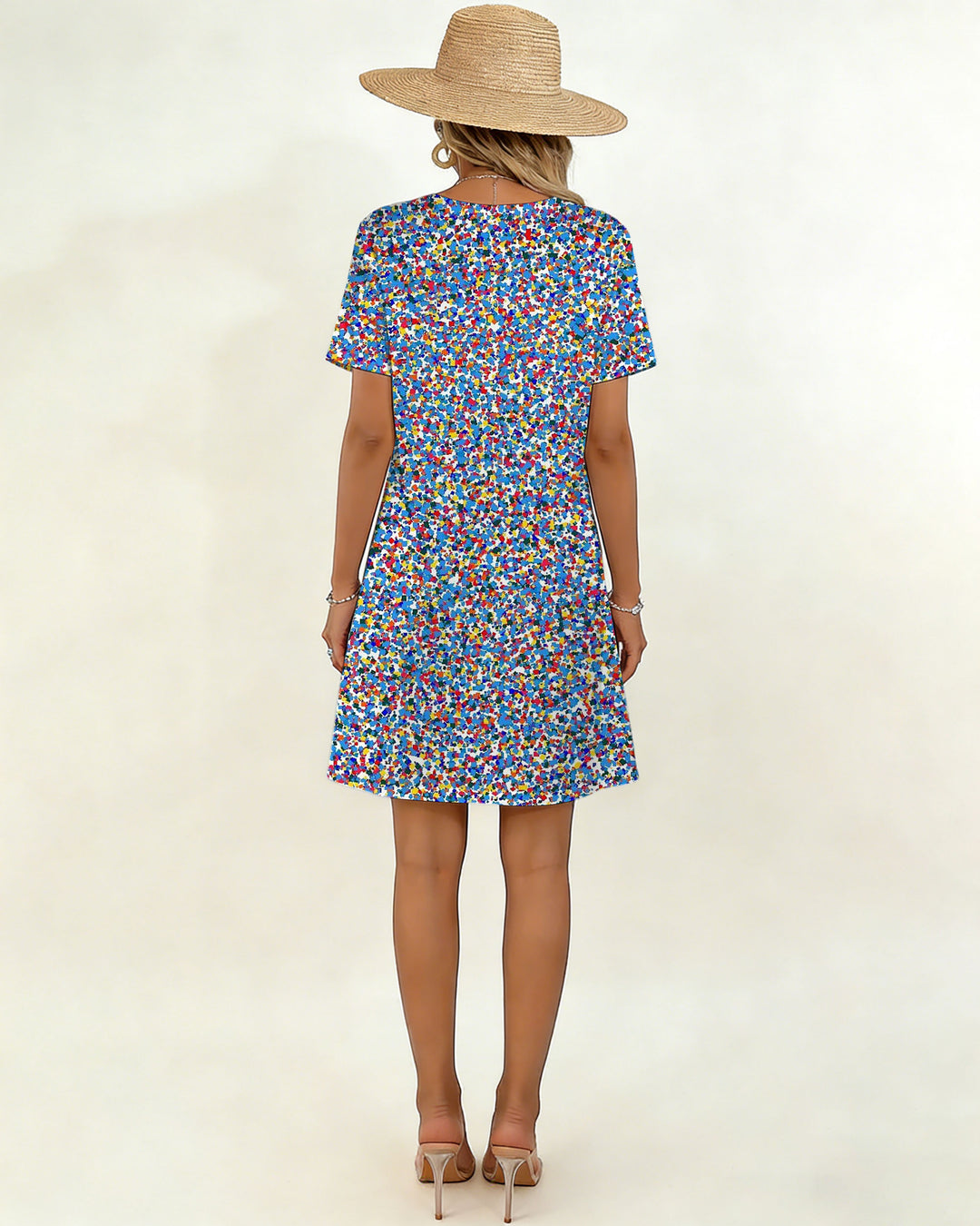 Blue Fragment Print Small V-Neck Dress