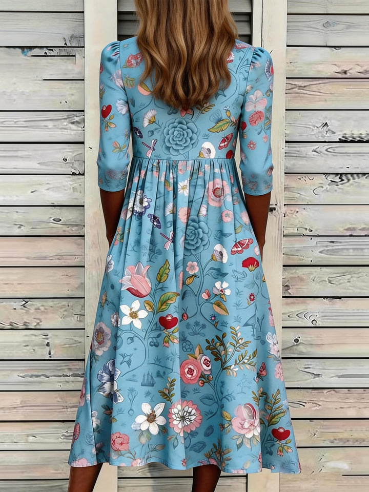 Elegant Floral Print Round Neck Pocket Dress