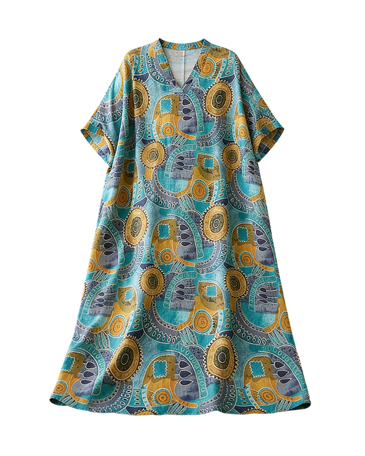 Vintage Ethnic Abstract Print V-Neck Dress