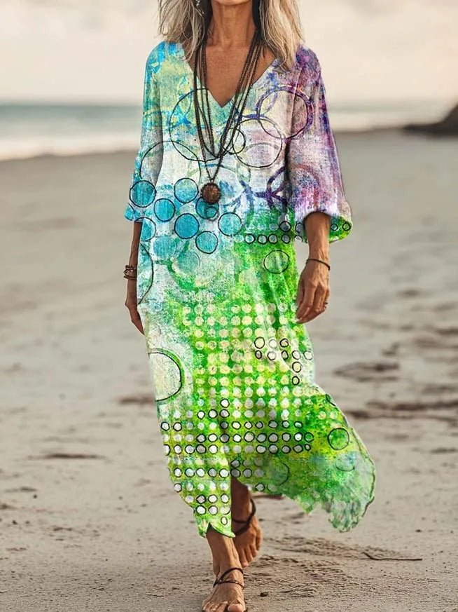 Gradient Wave Dot Circle Printed V-Neck Holiday Dress