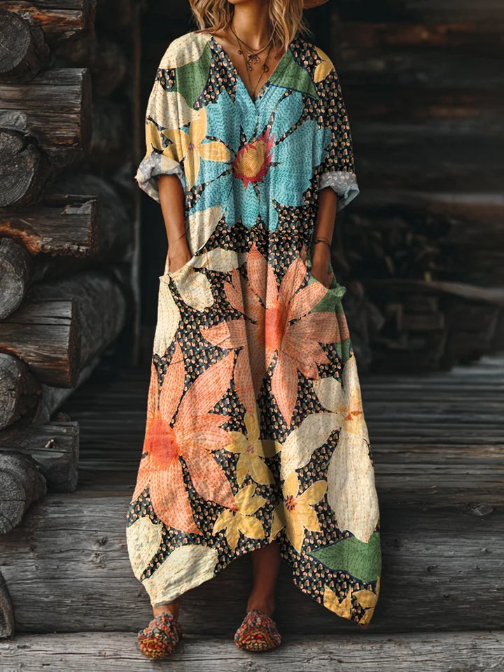 Contrast Dot Print Loose V-Neck Pocket Dress