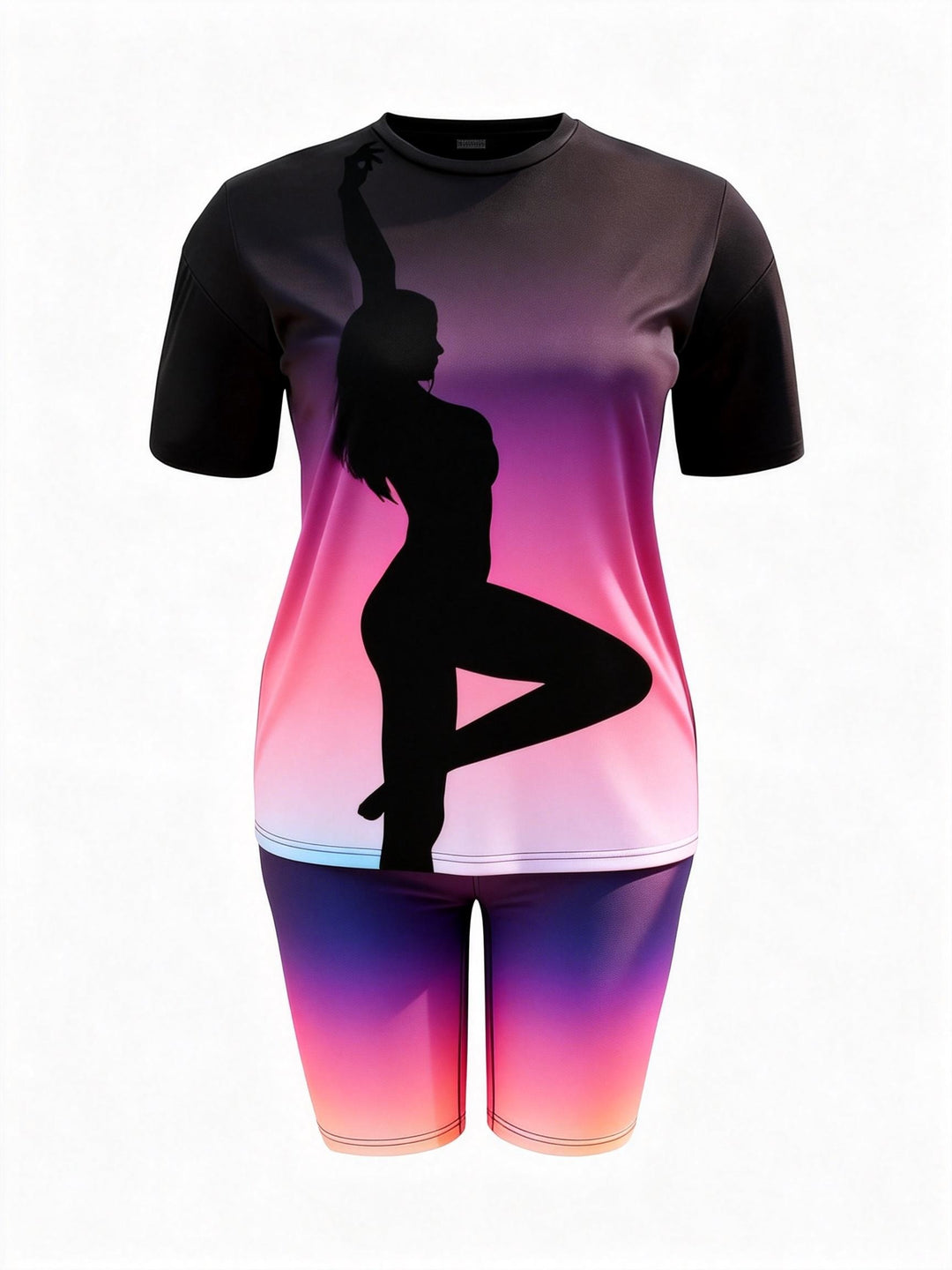 Pink And Purple Gradient Dancer Silhouette Print Casual Shorts Set