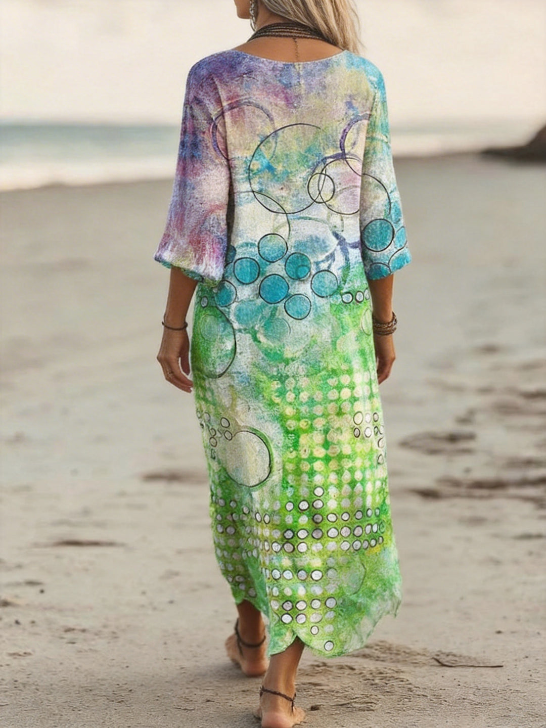 Gradient Wave Dot Circle Printed V-Neck Holiday Dress