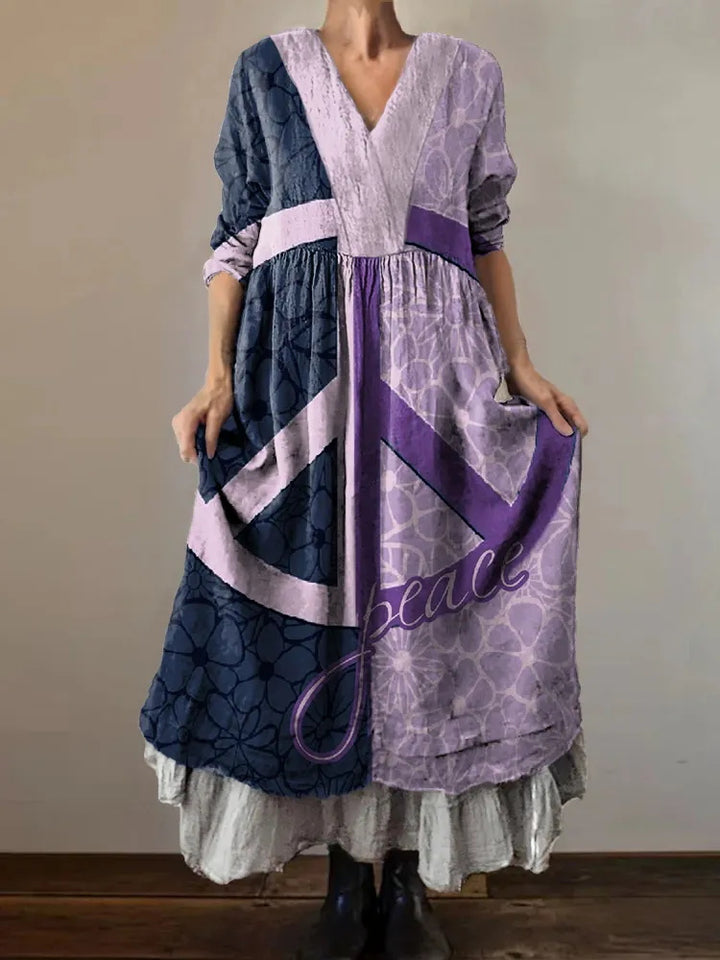 Peace Symbol Colorblock Print Loose V-Neck Dress