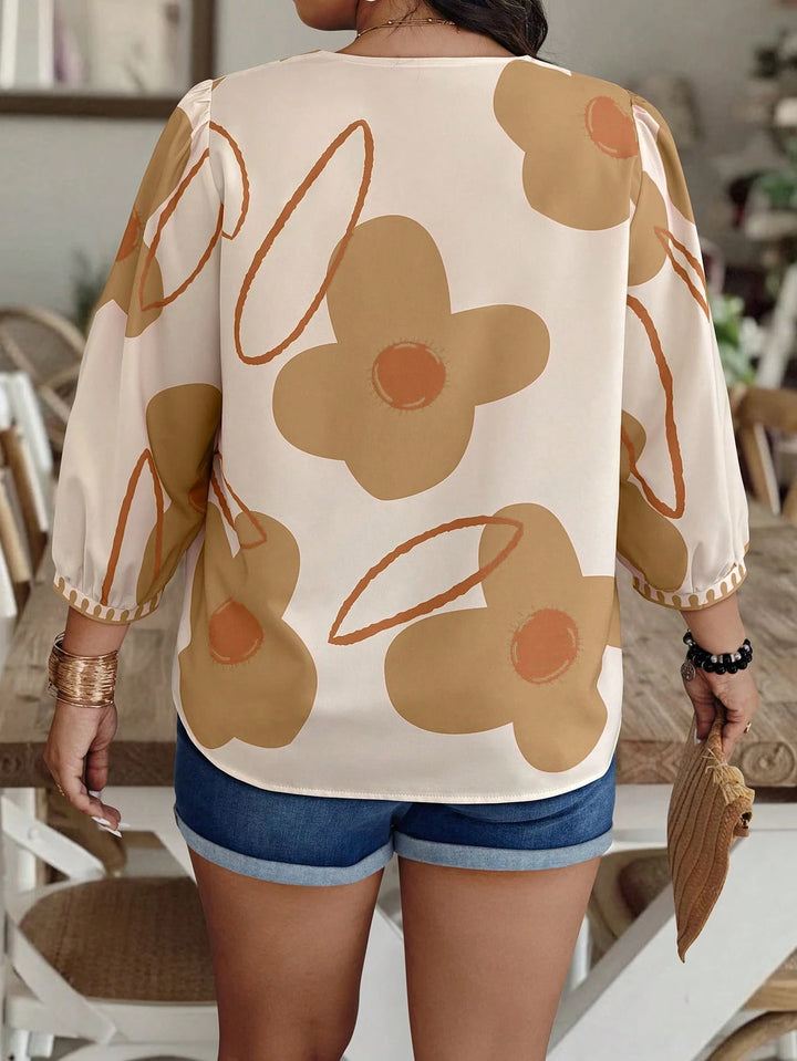 Pink Green Large Floral Print V-Neck Puff Sleeve Top