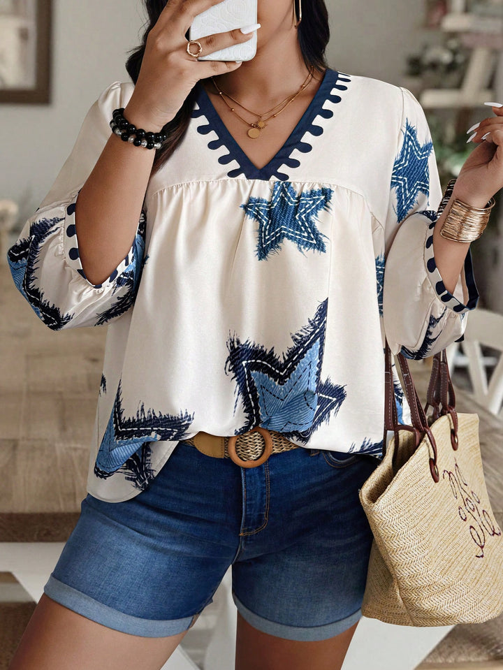 Denim Blue Five-pointed Star Print V-Neck Puff Sleeve Top