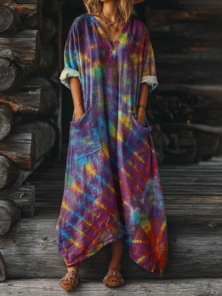 Rainbow Tie-Dye Printed Loose V-Neck Pocket Dress