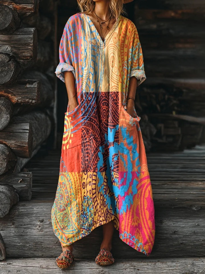 Bohemian Contrast Geometric Print Loose V-Neck Pocket Dress