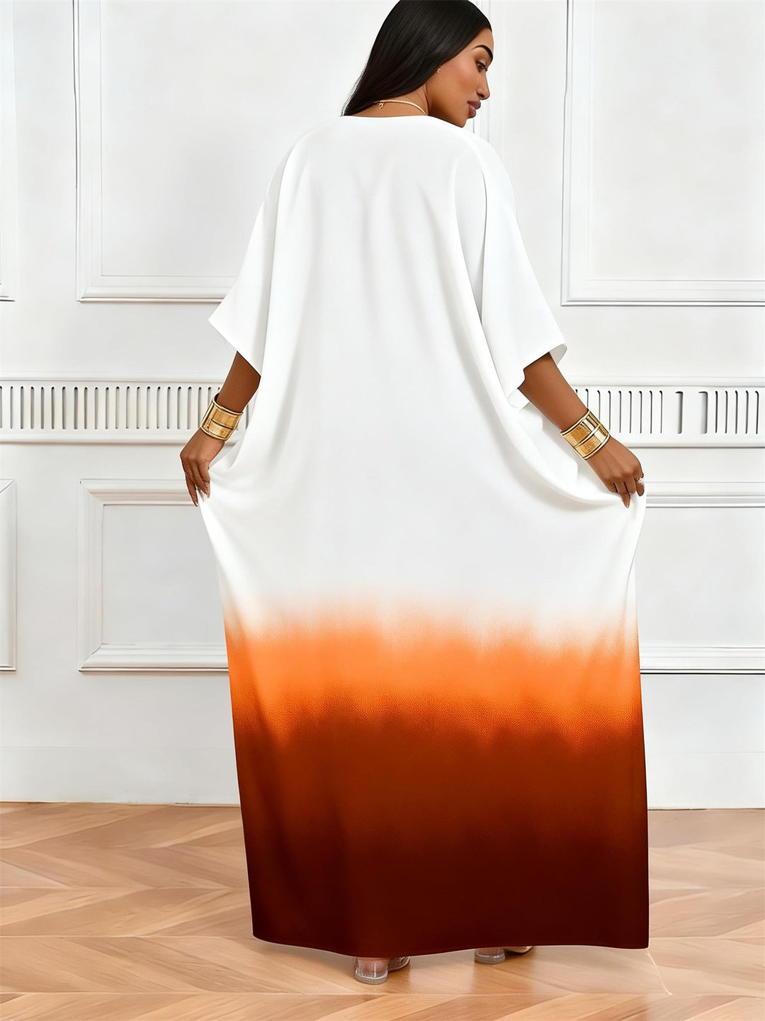 Orange White Gradient Love Face Print V-Neck Elegant Dress