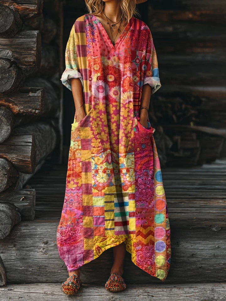 Rainbow Patchwork Geometric Floral-Print Loose V-Neck Pocket Dress