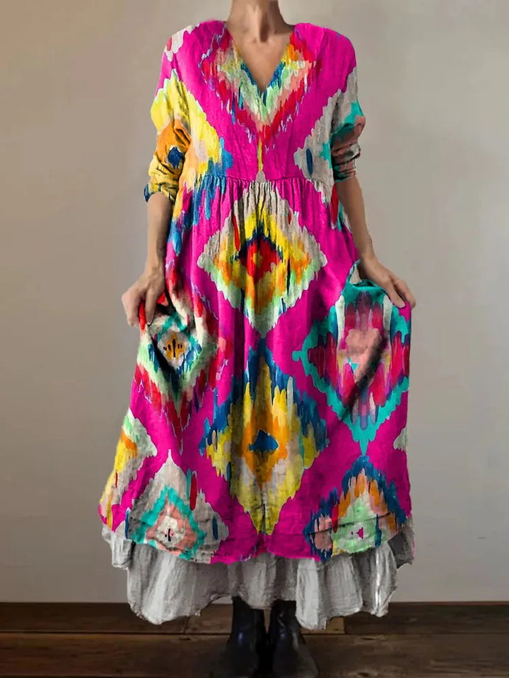 Rose Red Bottom Geometric Diamond Printed Loose V-Neck Dress