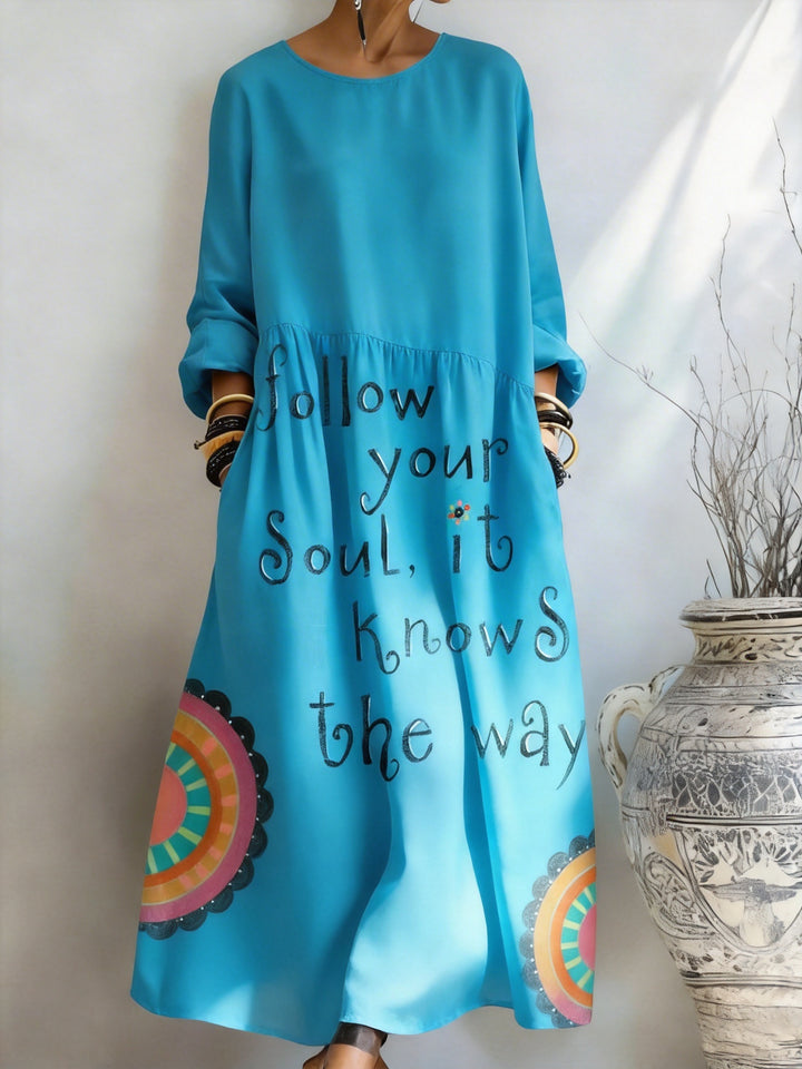 Vintage "Follow Your Soul" Sun Print Pocket Dress