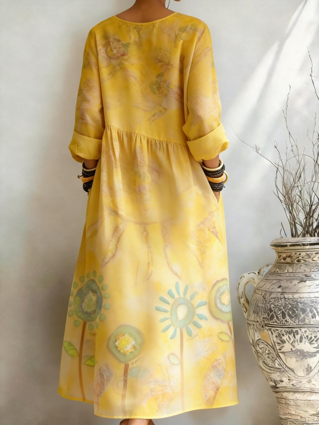 Goose Yellow Watercolor Floral Print Pocket Dress