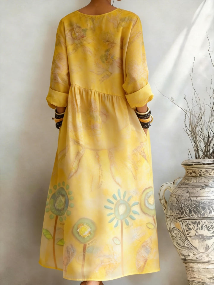 Goose Yellow Watercolor Floral Print Pocket Dress