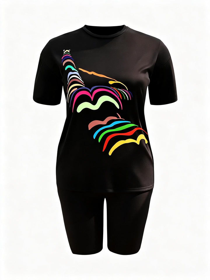 Rainbow Line Print Casual Shorts Set