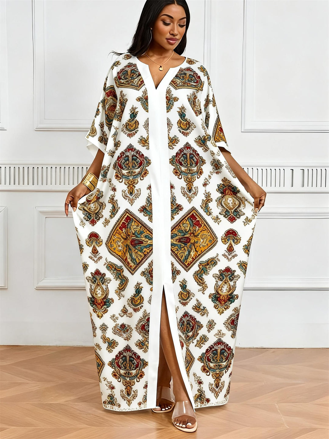 Vintage Palace Style Diamond Totem Print V-Neck Elegant Dress