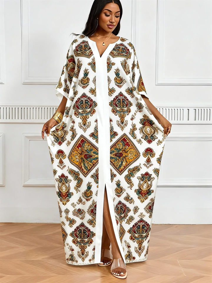 Vintage Palace Style Diamond Totem Print V-Neck Elegant Dress