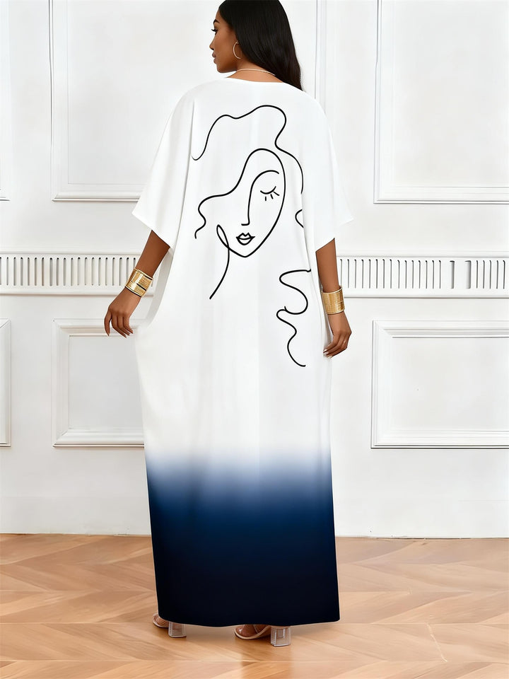 Blue And White Gradient Wave Line Face Print V-Neck Elegant Dress