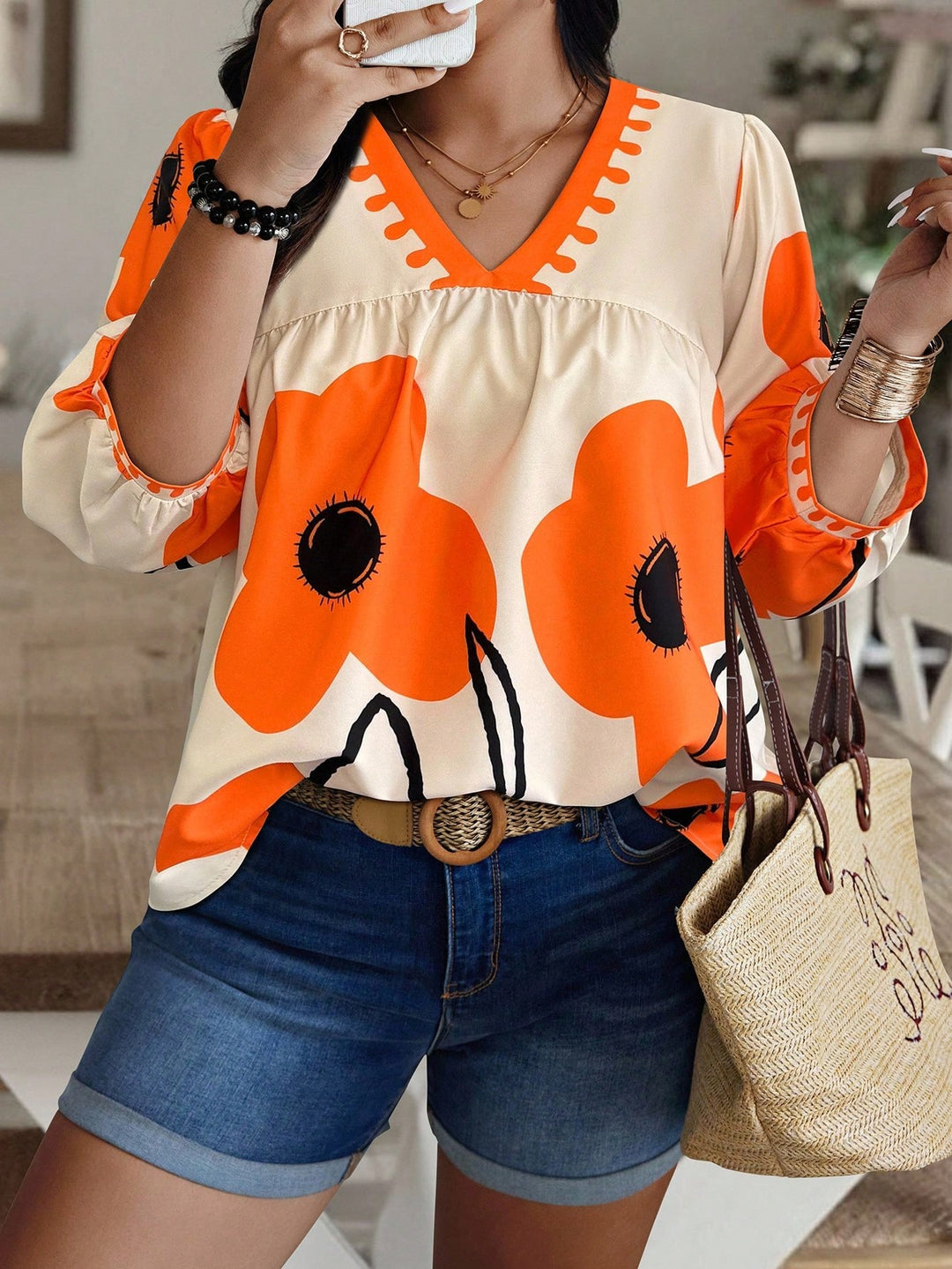 Pink Green Large Floral Print V-Neck Puff Sleeve Top