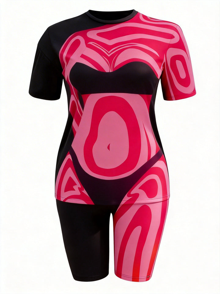 Contrast Psychedelic Ripple Figure Print Casual Shorts Set