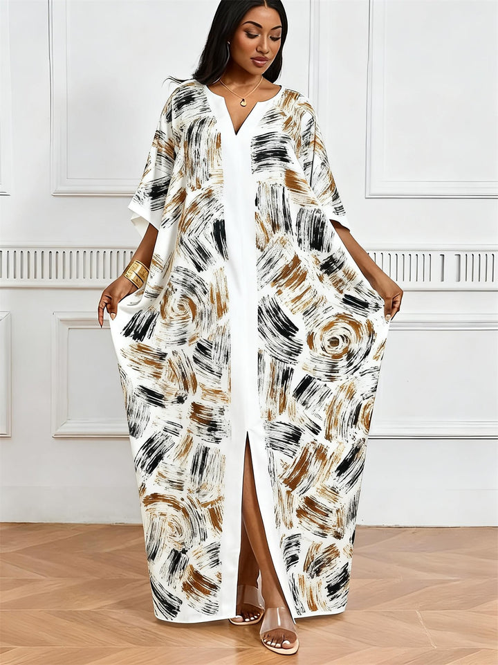 Abstract Brush Contrast Graffiti Print V-Neck Elegant Dress