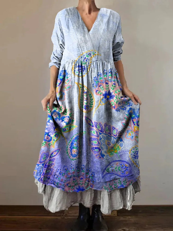 Fresh Blue And Purple Gradient Paisley Print Loose V-Neck Dress