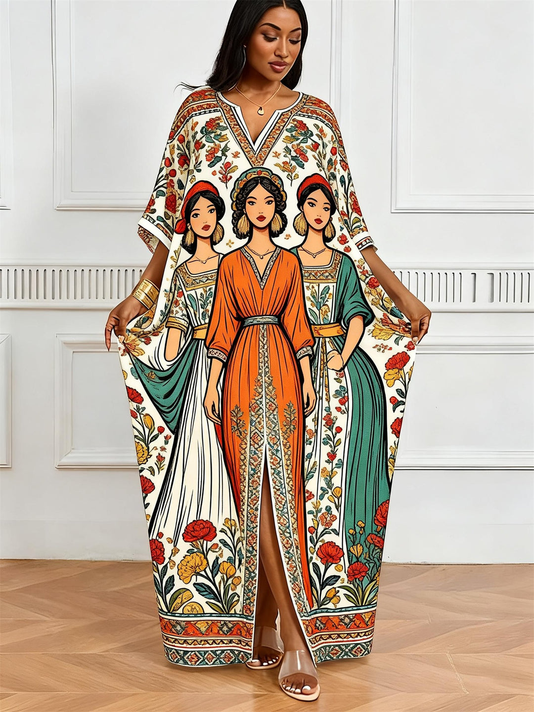 Alien Triple American Ethnic Floral Print V-Neck Elegant Dress