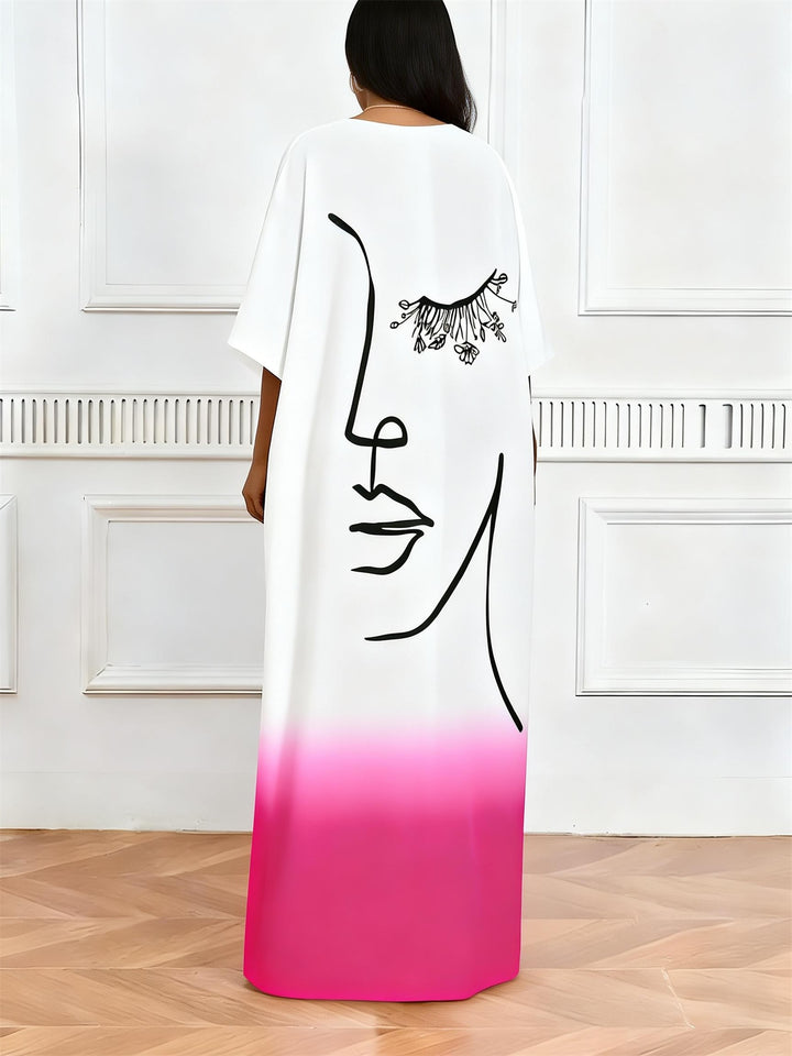 Pink White Gradient Single Line Face Print V-Neck Elegant Dress